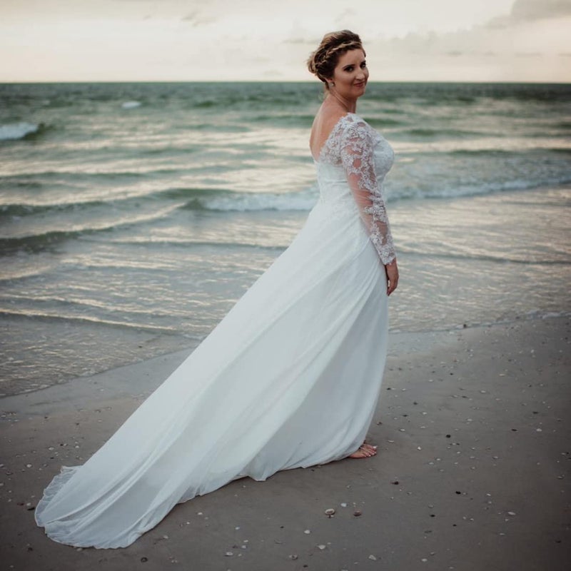 Findlovewedding فستان زفاف Findlovewedding للعروس مع تطبيقات الدانتيل فستان شيفون A Line للنساء بأكمام طويلة فستان عروس شاطئي US 2 أبيض مائل إلى البياض - Image 3